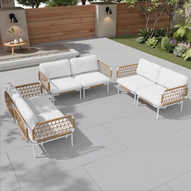 Pellebant Outdoor Patio Aluminum PE Rattan Sectional Sofa Conversation Seating Set with Cushions - Set of 6 - Beige