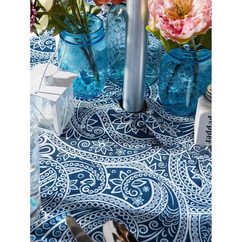 Paisley Zippered Round Outdoor Tablecloth - 60" - Blue and White