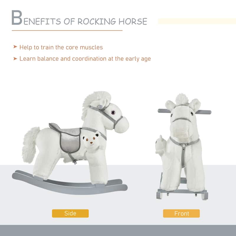 Plush Rocking Horse with Bonus Bear Toy and Sound for Toddlers Wooden Base - 25.5" L x 10.25" W x 21.75" H
