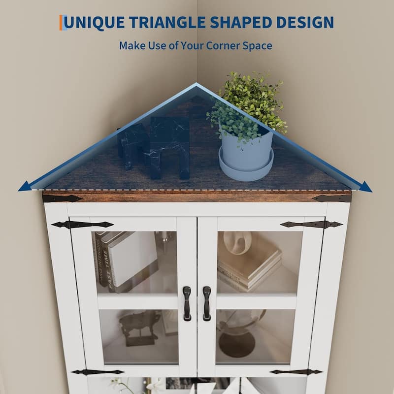 67" Tall Corner Storage Cabinet with Lights, Farmhouse Corner Hutch Display Cabinet with Glass Doors