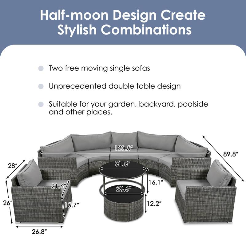 9-Piece Half-Moon Wicker Patio Sofa Set with Cushions and Two Round Coffee Tables