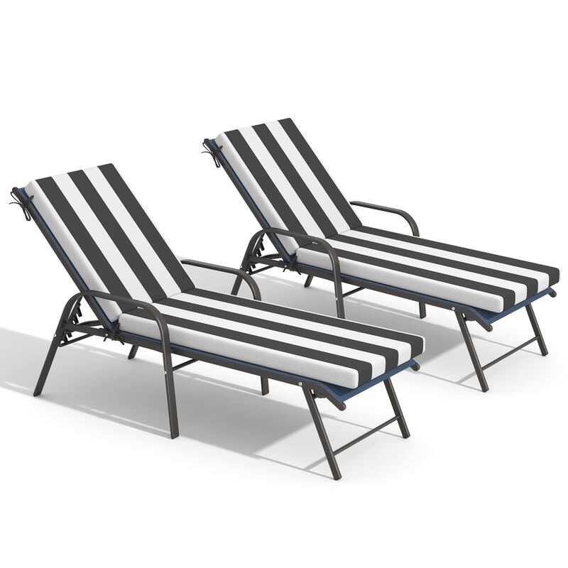 Outdoor Lounge Chairs Chaise Lounge Set with Adjustable Back and Cushions - Navy Blue Fabric Chair with Black&White Cushion