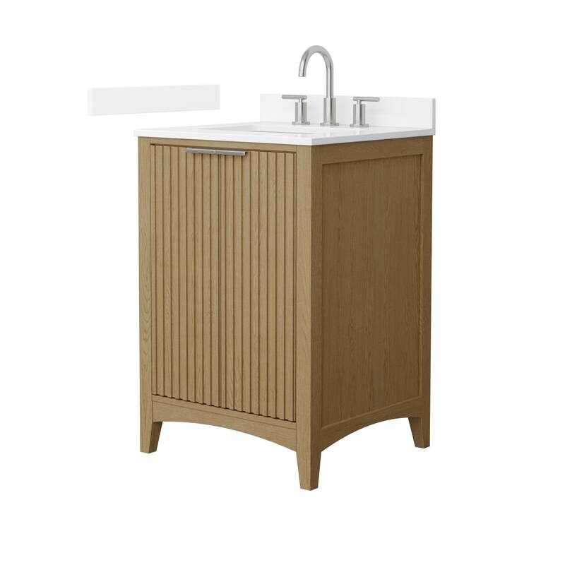 Wyndham Collection WCF9191-24S-QTZ-US3MXX Palmilla 24" Free Standing - Natural Oak / White Quartz Top / Brushed Nickel