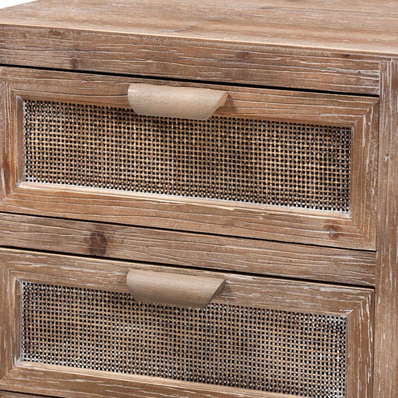 Baxton Studio Calida Mid-Century Modern Whitewashed Natural Brown Finished Wood and Rattan 2-Drawer End Table