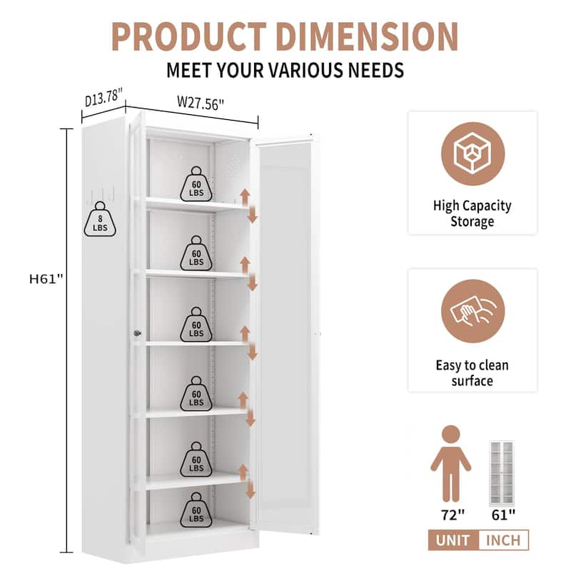 Metal Kitchen Pantry Cabinet - 72" Tall Storage with 5 Adjustable Shelves, White Freestanding Cabinet