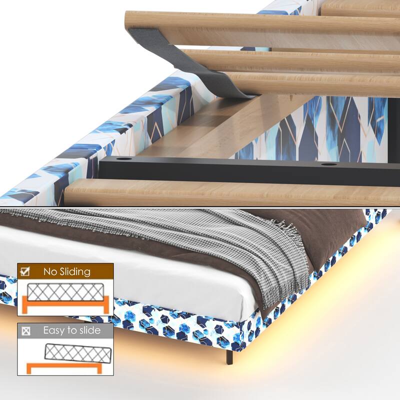 King Size Floating Bed Frame with LED Lighting, USB Ports, & Storage Headboard, No Box Spring Needed