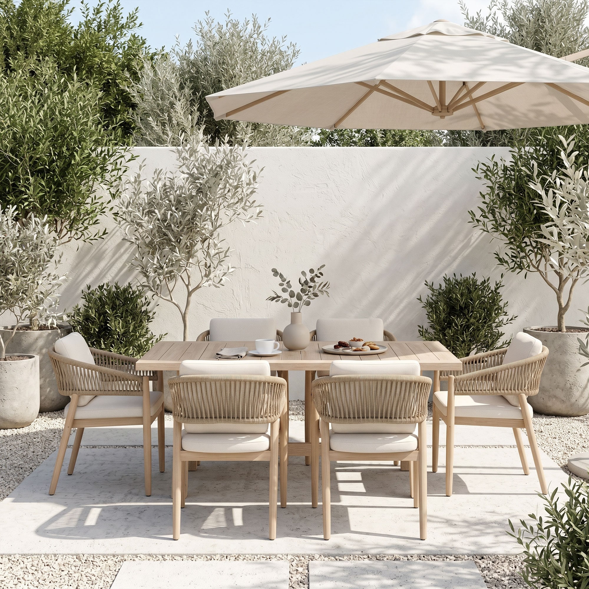7-Piece Outdoor Dining Set Acacia Wood Rope-Woven Arm Chairs and Dining Table with H-Shaped Leg
