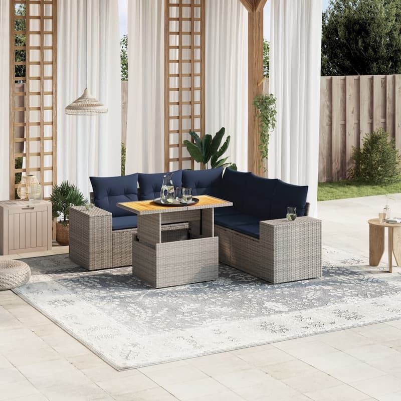 vidaXL Patio Sofa Set with Cushions Outdoor Furniture 6 Piece Poly Rattan - 24.4 x 24.4 x 27.2 - Grey-corner+Table+2x middle