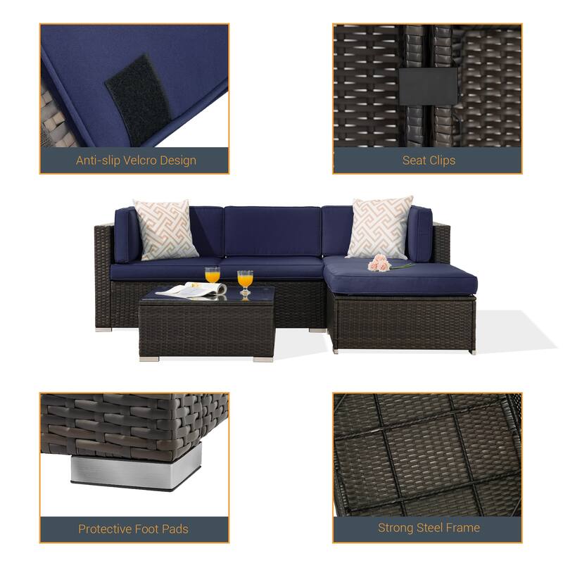 LIVOOSUN 5Pcs Outdoor Furniture Conversation PE Rattan Wicker Sofa Set