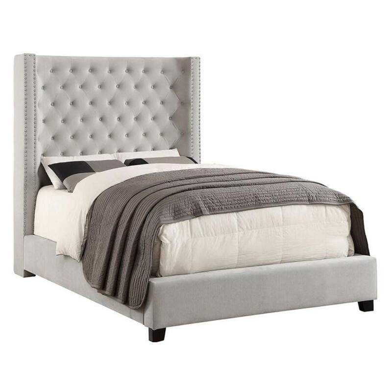 Rozy King Bed, Wingback Tall Headboard, Nailhead Trim, Ivory Upholstery