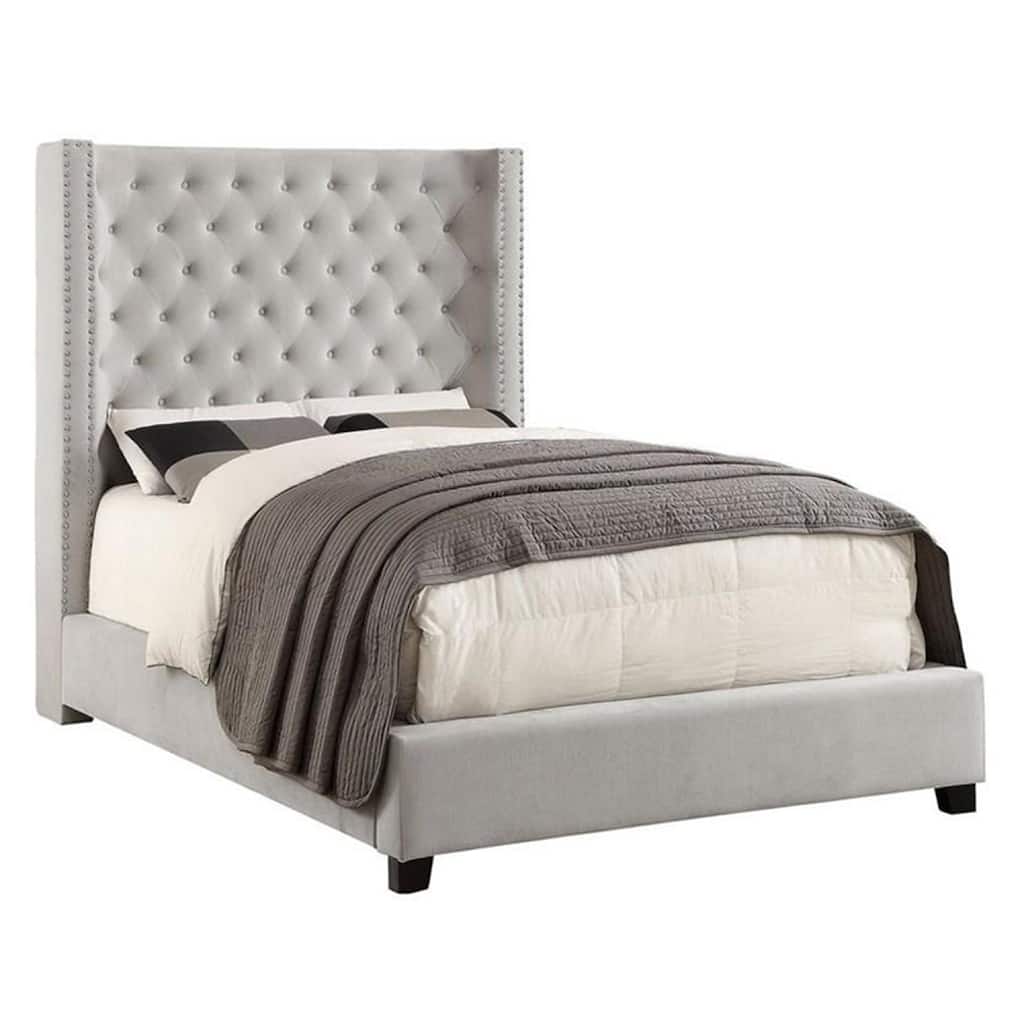 Rozy King Bed, Wingback Tall Headboard, Nailhead Trim, Ivory Upholstery