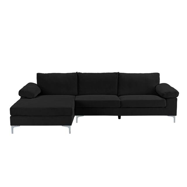 Velvet Upholstered L-Shape Sectional Sofa - Black