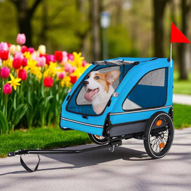 88LB Dog Bike Trailer - Foldable Pet Bicycle Cart with Quick Release Wheels, Storage Bags & Safety Leash - Blue Grey