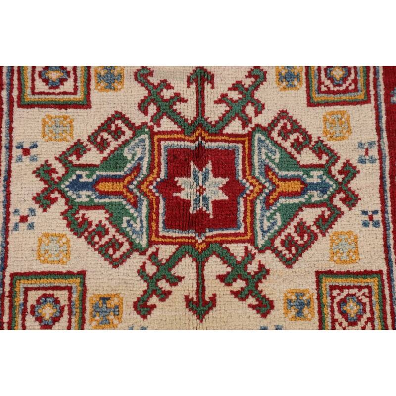 Geometric Red Kazak Area Rug Handmade Oriental Wool Carpet - 4'0" x 6'3"