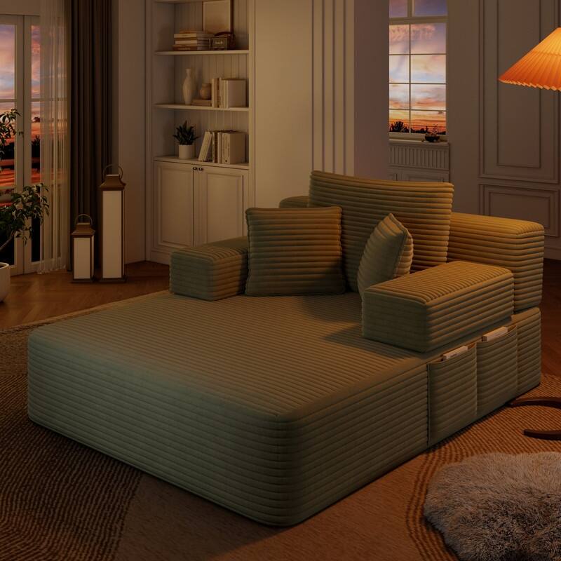 Luxurious Plush Corduroy Chaise Lounge Convertible Sofa Bed with Storage Pocket and Wide Armrests