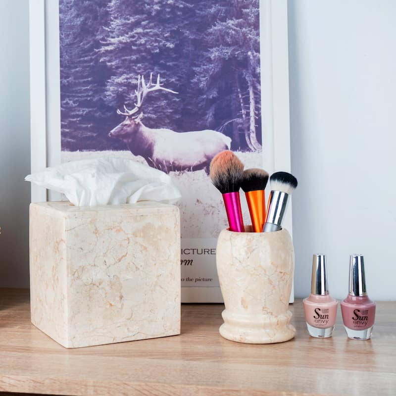 Creative Home Double Rings Collection Champagne Marble Tumbler, Toothbrush Holder, Makeup Brush Organizer - Beige