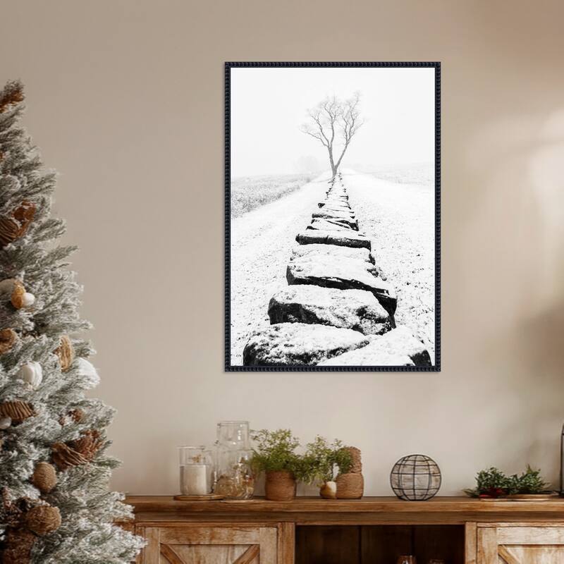 Snowy Stone Wall by Aledanda (23 x 33 in.), Framed Canvas Wall Art Print - Sylvie Beaded Black