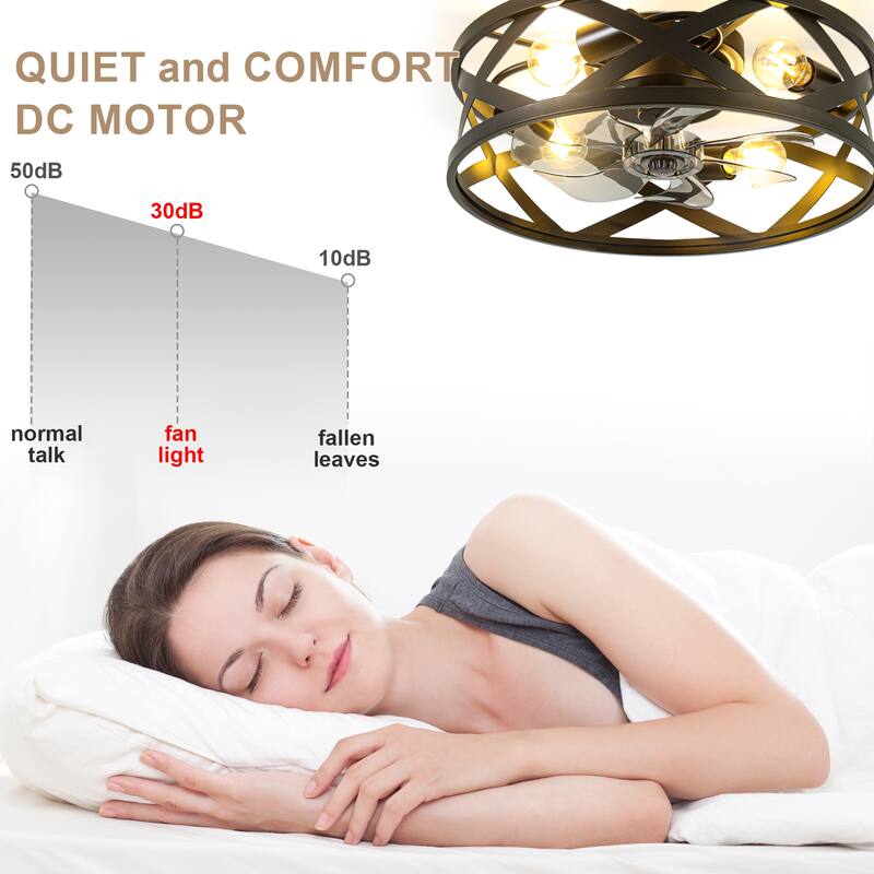 Bella Depot 20" Black Cage Flsuh Mount Ceiling Fan with Light and Remote