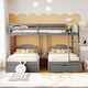 preview thumbnail 2 of 11, Full Over Twin & Twin Triple Bunk Bed with Drawers, Velvet Upholstery, and Guardrails in Gray
