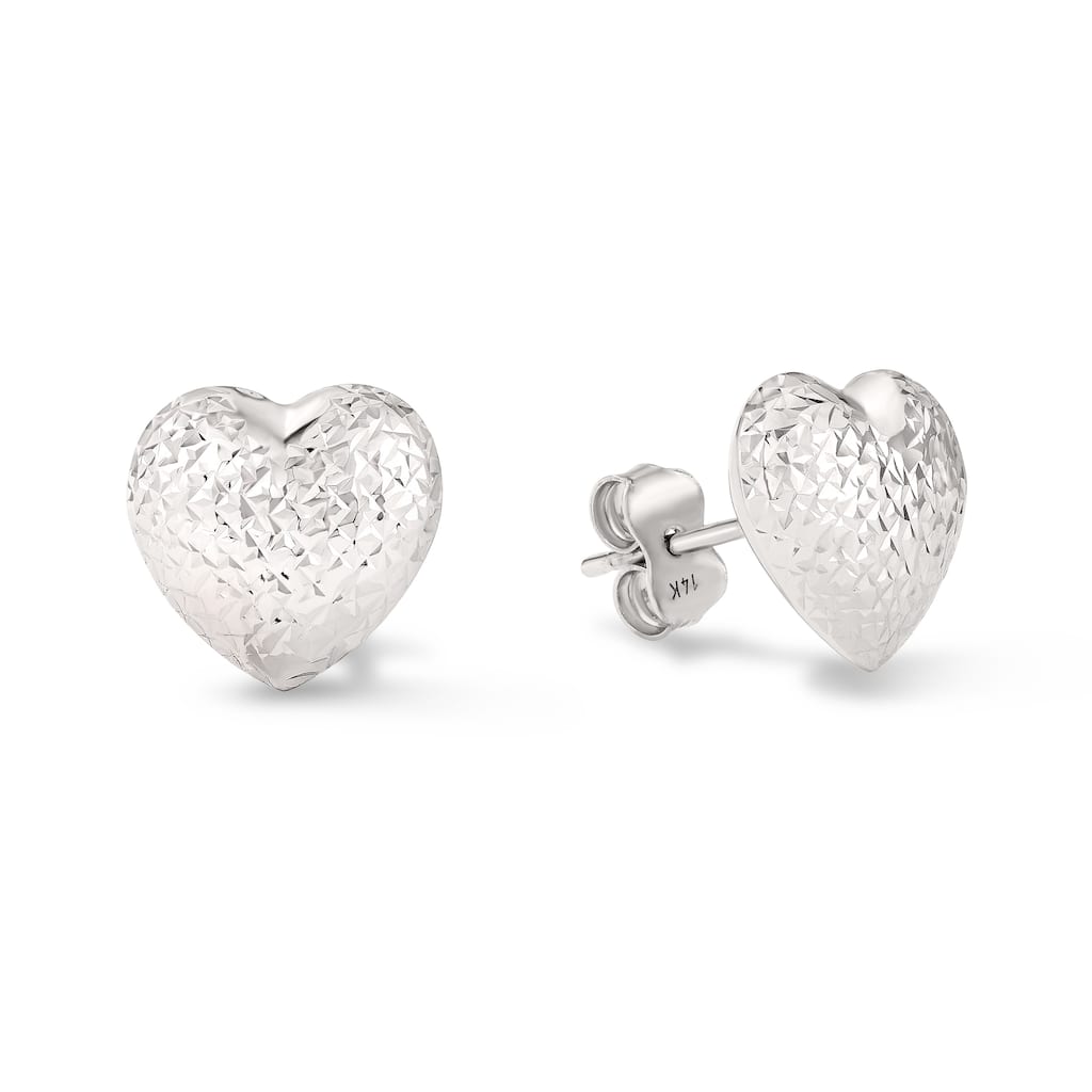 Clover 14K White Gold Diamond-Cut Puff Heart Stud Earrings