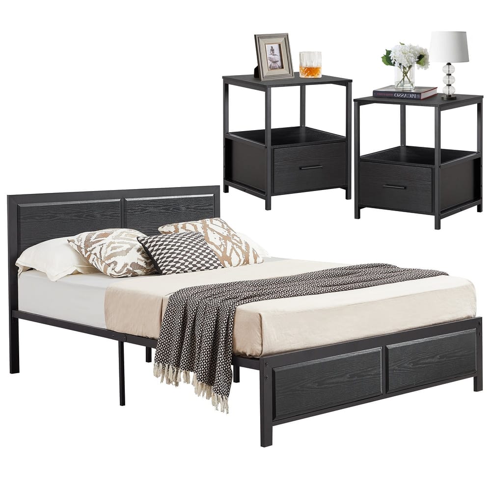 Bedroom Set of 3 Wood Headboard Platform Bed Frame Set of 2 Nightstands with Charging Station USB Port