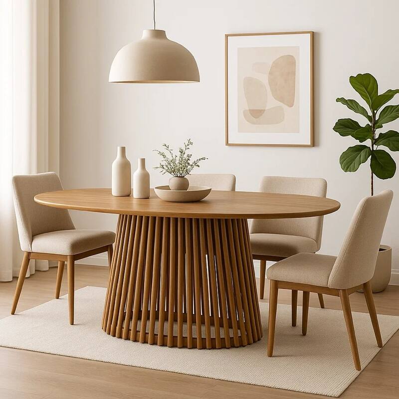 Lev Dining Table, 79 Inch Oval Top, Pedestal Base, Natural Brown Wood - Natural Brown