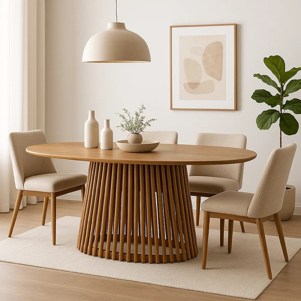 Lev Dining Table, 79 Inch Oval Top, Pedestal Base, Natural Brown Wood - Natural Brown