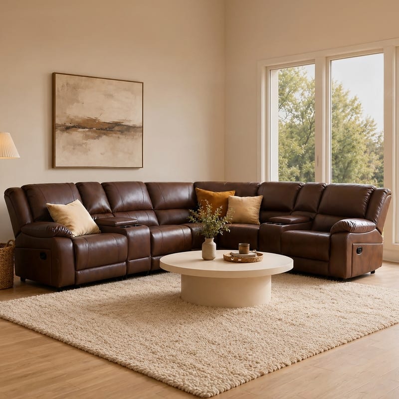 109" W Modern Contemporary Faux Leather 7 Piece Sectional Recliners - Brown