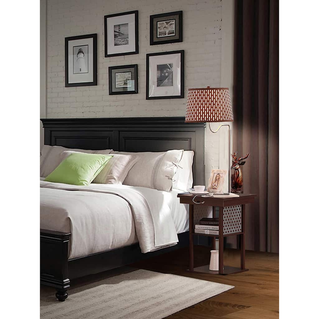 Brightech Madison 56 in. Havana Brown Mid-Century Modern LED Bedside Table Lamp with Fabric Drum Shade and Built-In USB Port