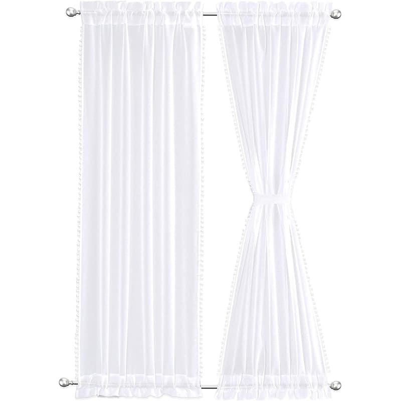DriftAway Laura Pom Pom Trimmed Solid Sheer Door Curtain - 25"  x 72 "  2 pack - White
