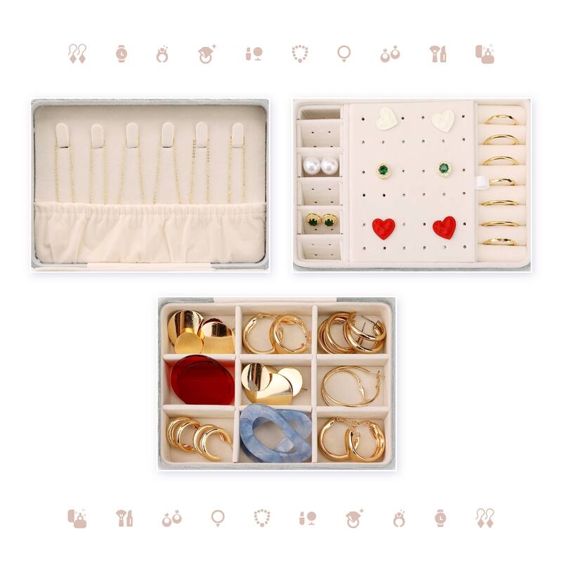 2 Layer Jewelry Box for Women, Plush Velvet Jewelry Organizer Case Storage Display Holder with Drawer, Removable Jewelry Tray