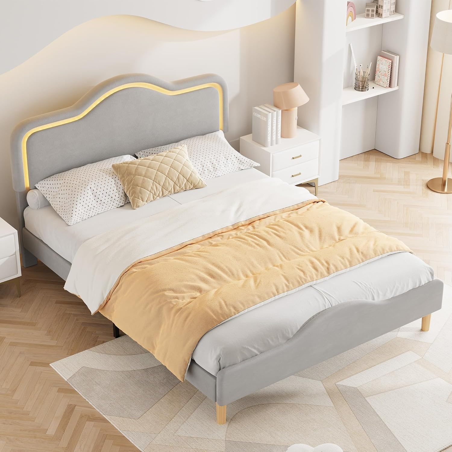 Soft Upholstered Platform Bed Frame with Adjustable LED Headboard & Footboard