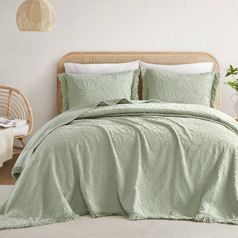 Queen 3-Piece Bedspread Set Poly-Cotton Floral Chenille with Fringe
