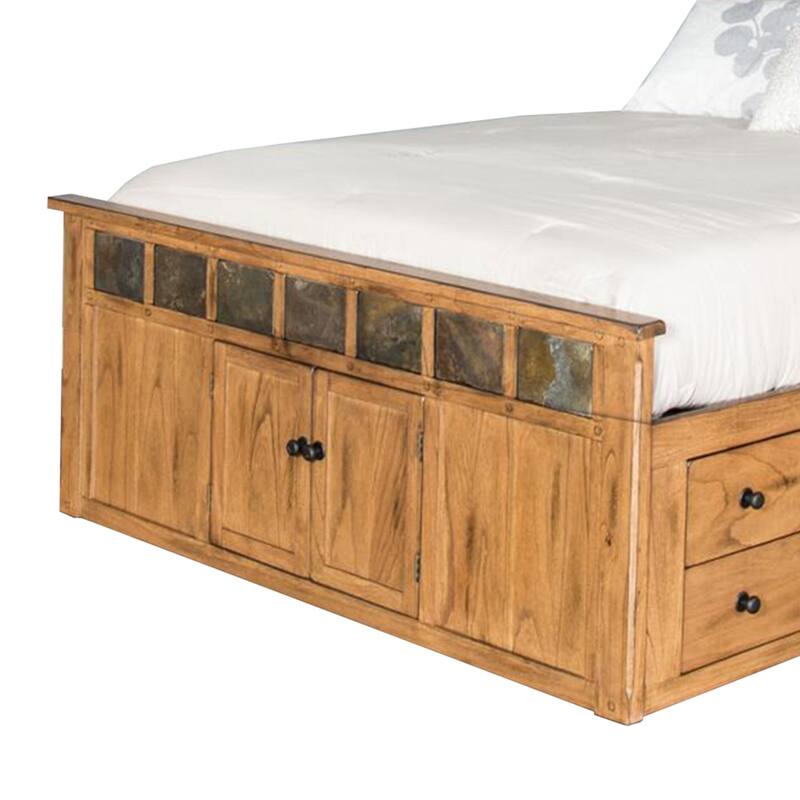 Marv Queen Size Bed, Storage Footboard Bookcase Headboard, Light Brown