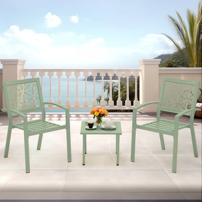 Outdoor Patio Set, Weatherproof Iron Bistro Table & Chairs, Floral Back Design, Space-Saving（Green/ Blue/ Yellow/ Black）
