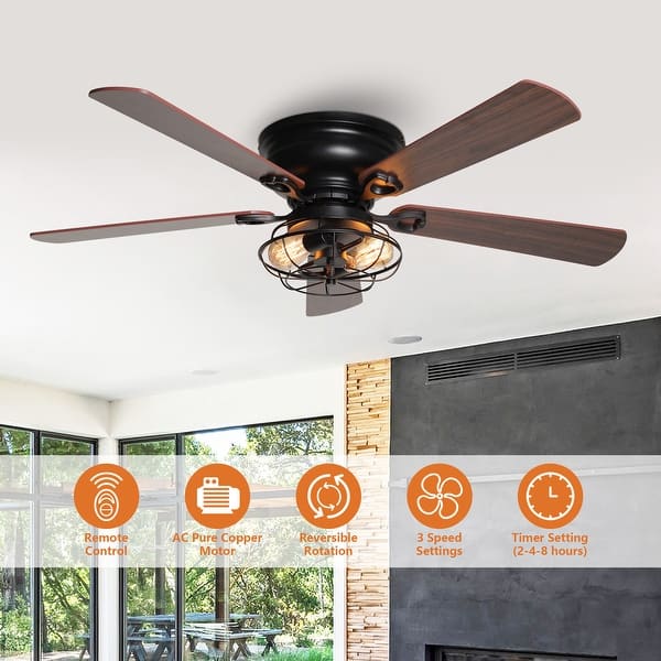 dimension image slide 1 of 2, 48" Industrial Metal Cage Low Profile Ceiling Fan with Remote