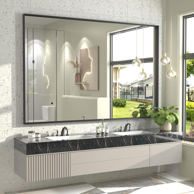 Full Size Metal Frame Wall Mirror Black Tempered Glass for Bathroom