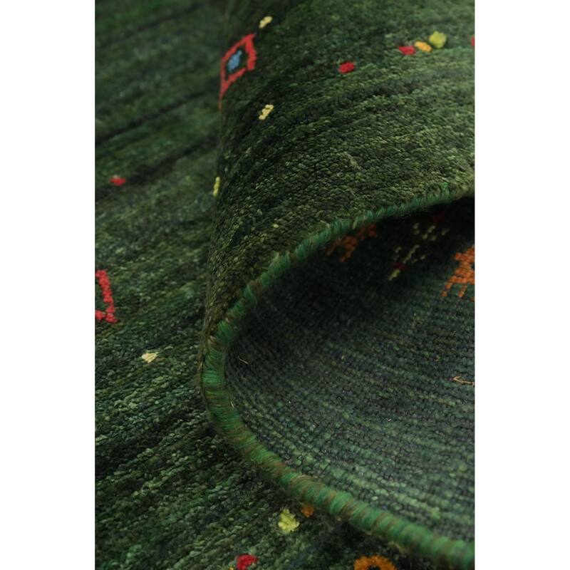 Hand Knotted Oriental Viscose Silk Carpet Tribal Animal Pictorial Green Gabbeh Runner Rug - 7' 6'' X 2' 8''