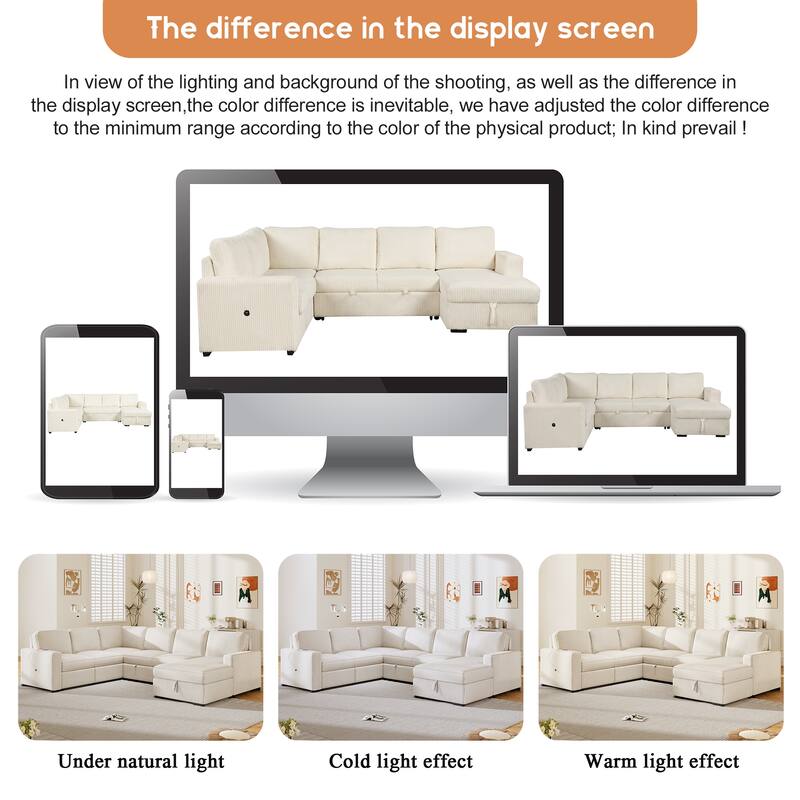 Convertible Sleeper Sofa with Pull Out Bed, 115.6" Oversized U Shaped Sectional Couch with USB Ports and Storage Chaise Lounge