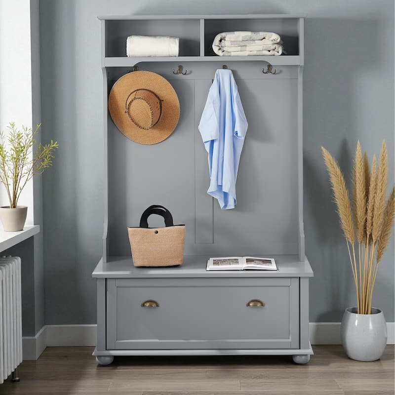 Modern Classic 64'' Hall Tree with Shoe Rack Bench, Coat Hooks & Shelves, 4-in-1 Entryway Organizer Cabinet - Grey