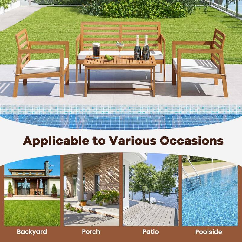 4PCS Wood Patio Conversation Set Patio Furniture Set