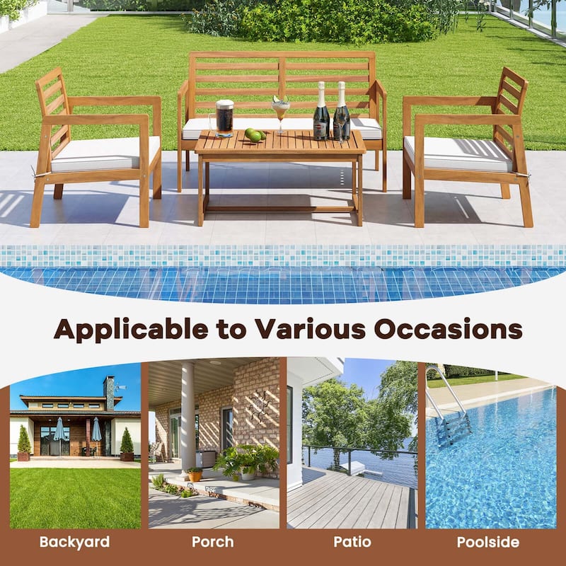 Costway 4 PCS Wood Patio Furniture Set with Soft Seat Cushions Solid - See Details