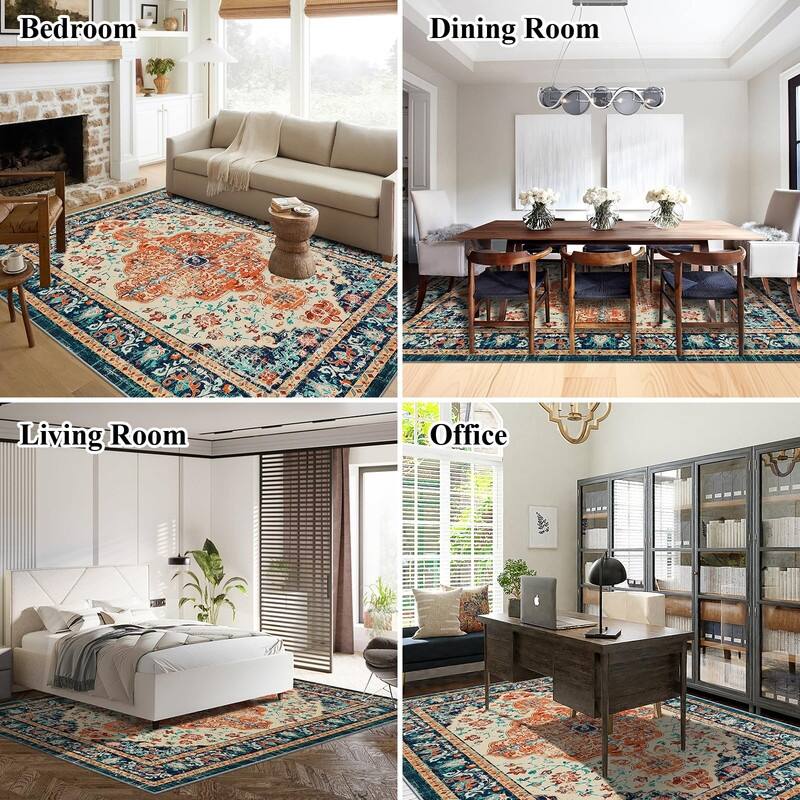 Boho Vintage Area Rug Machine Washable Low Pile Soft Floor Carpet