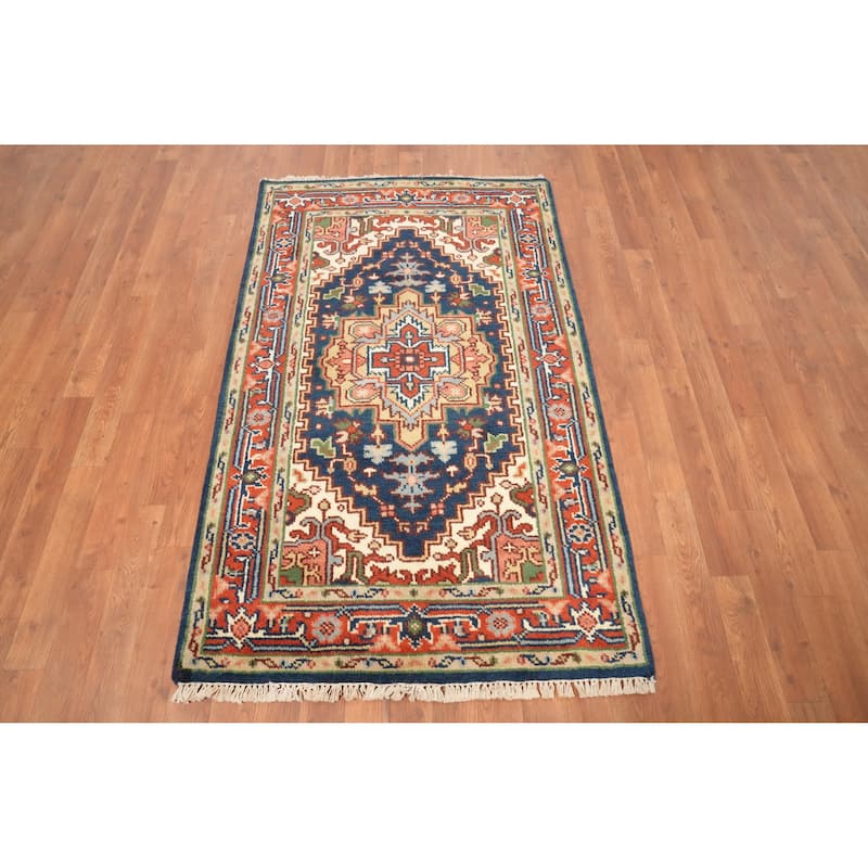Hand Knotted Oriental 100% Wool Carpet Traditional Medallion Navy Blue & Blues Heriz (serapi) Area Rug - 5' 0'' X 3' 0''