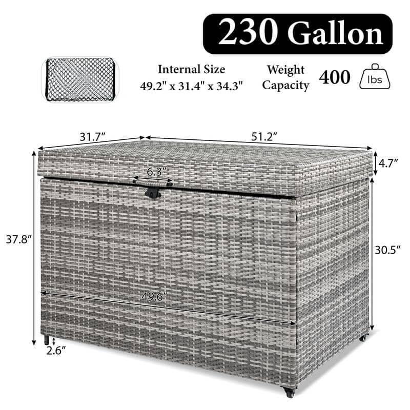 230-Gallon All-Weather Wicker Deck Storage Box With Wheels, Rattan Patio Organizer For Outdoor Furniture, Garden Tools.