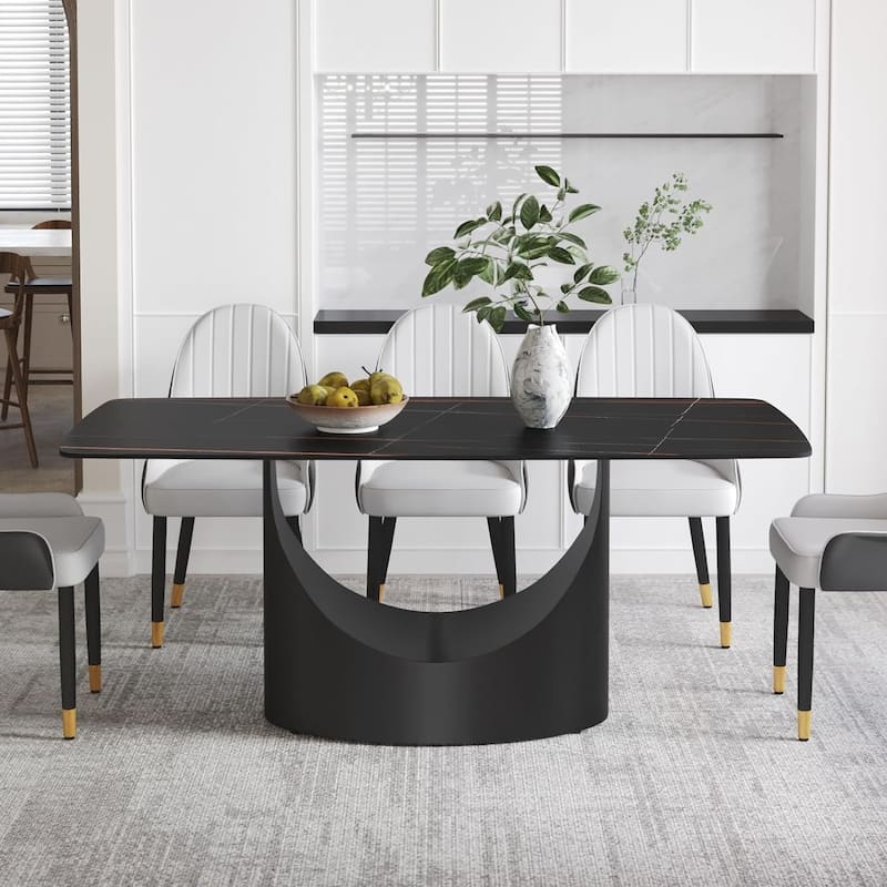 71" Black Marble Sintered Stone Table Top,Rectangle Dining Room Table with Unique U-Shape Black Carbon Steel Pedestal