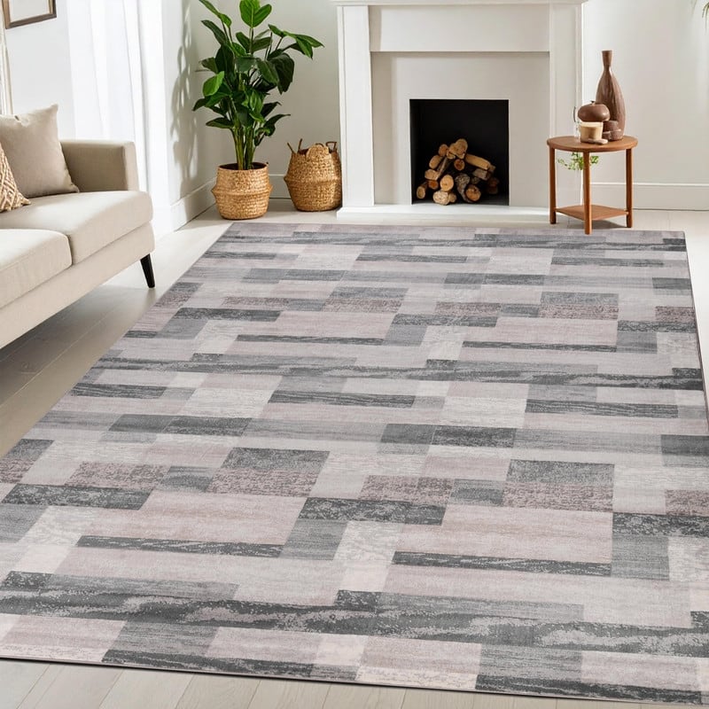 Superior Rockwood Modern Geometric Washable Indoor Runner or Area Rug - 10' x 14' - Blue-Taupe