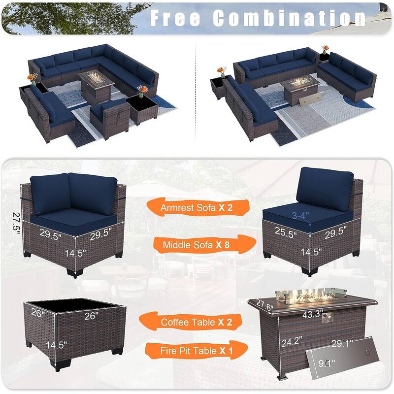 Kullavik 13 Pieces Outdoor Patio Furniture Set with Fire Pit Table