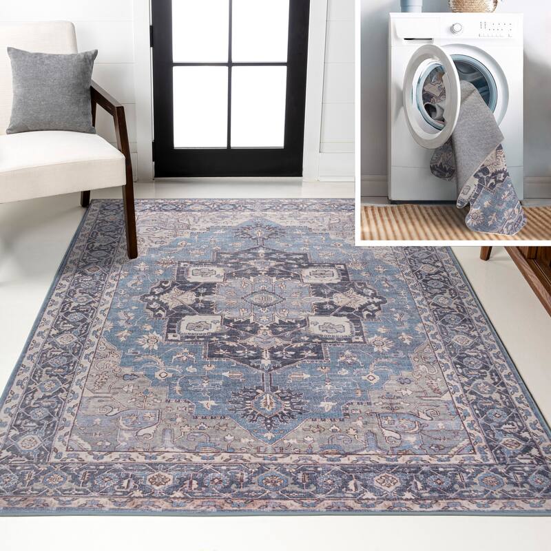 JONATHAN Y Marrakesh Ornate Medallion Machine Washable Area Rug - 2 X 8 - Blue/Cream