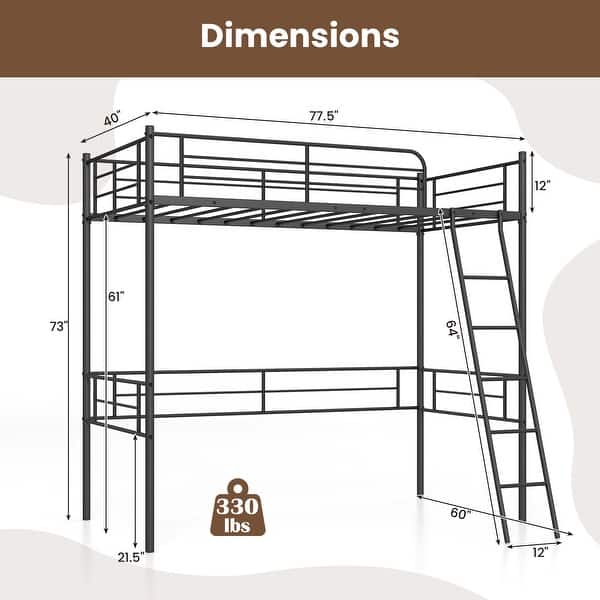 Black Metal Frame Twin Size Loft Bed with Ladder and Guardrails